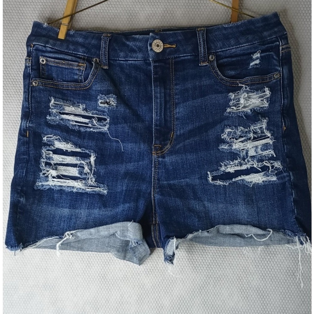 American Eagle Curvy Hi-Rise Shortie Distressed Denim Shorts Blue Size 10